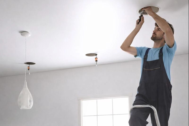 Установка маскировочной вставки по периметру, монтаж светильников