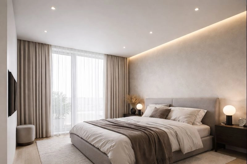 Матовые натяжные потолки с ровным рассеянным освещением и лаконичным интерьером