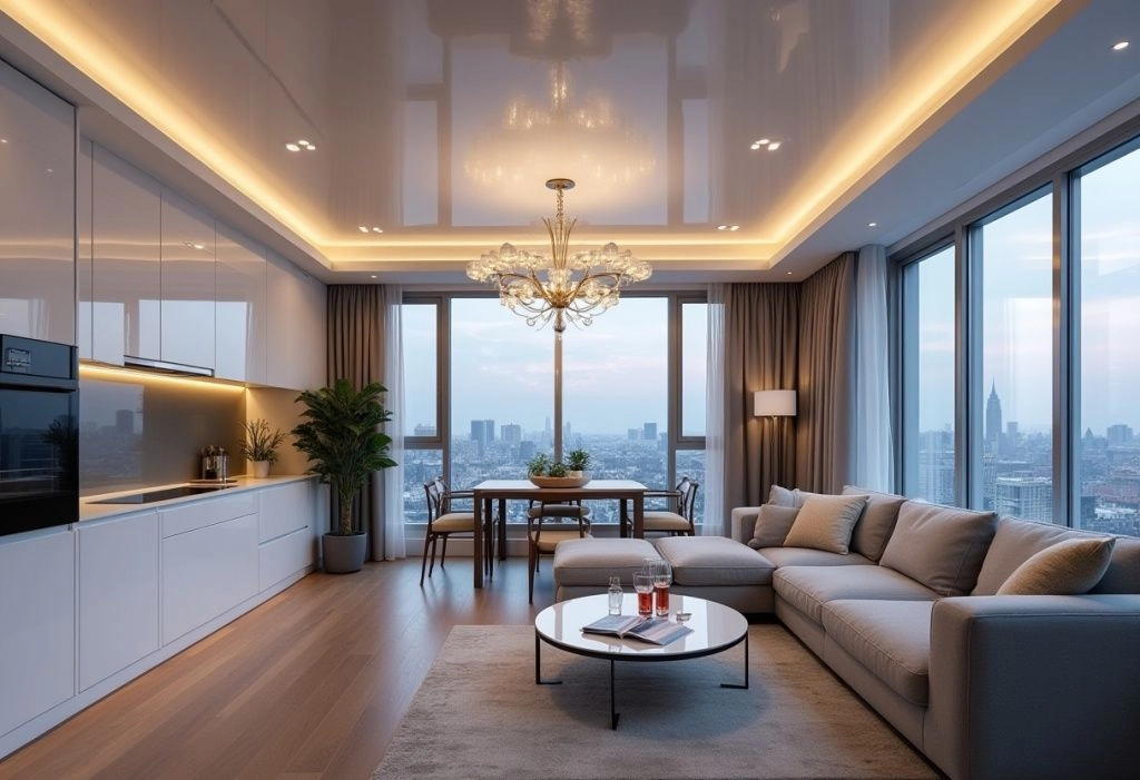 Глянцевый натяжной потолок в современном интерьере с отражающей поверхностью и встроенным освещением