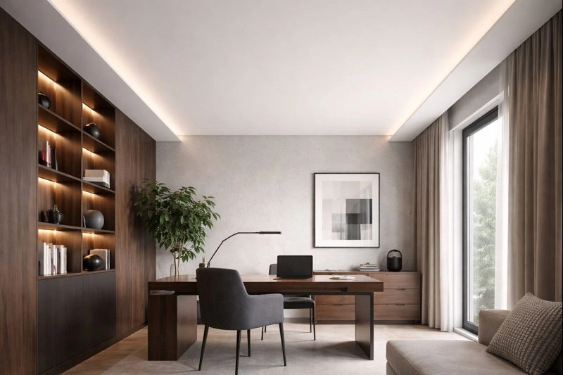 Бесщелевые натяжные потолки с теневым профилем в современном интерьере 