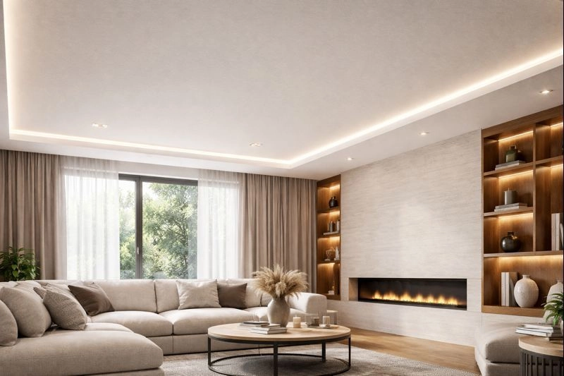 Тканевый натяжной потолок в современной гостиной