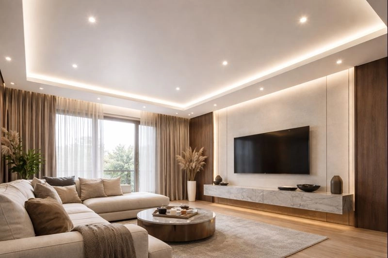 Сатиновый натяжной потолок в интерьере 