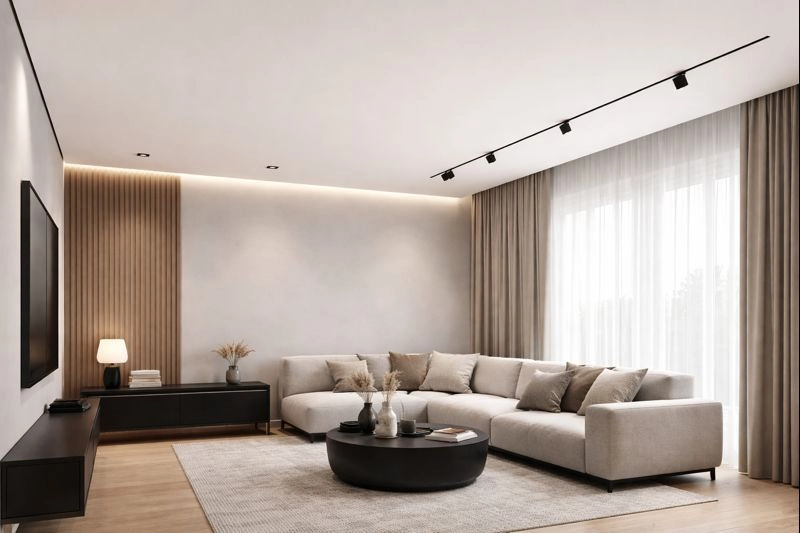 Теневой натяжной потолок в гостиной 