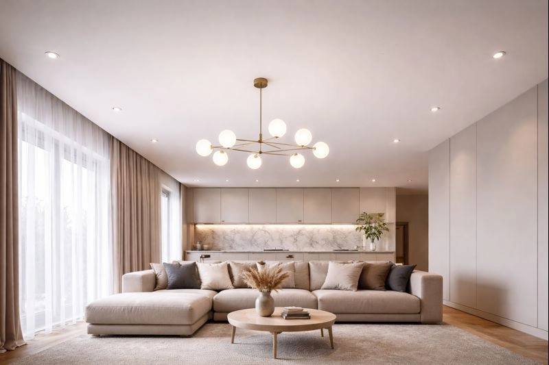 Матовый натяжной потолок в интерьере современной гостиной с мягким рассеянным светом